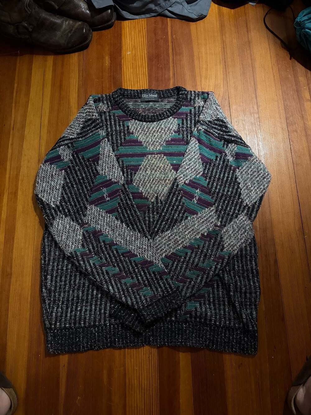 Vintage Ellis Island Geometric Pattern Crewneck Sweater